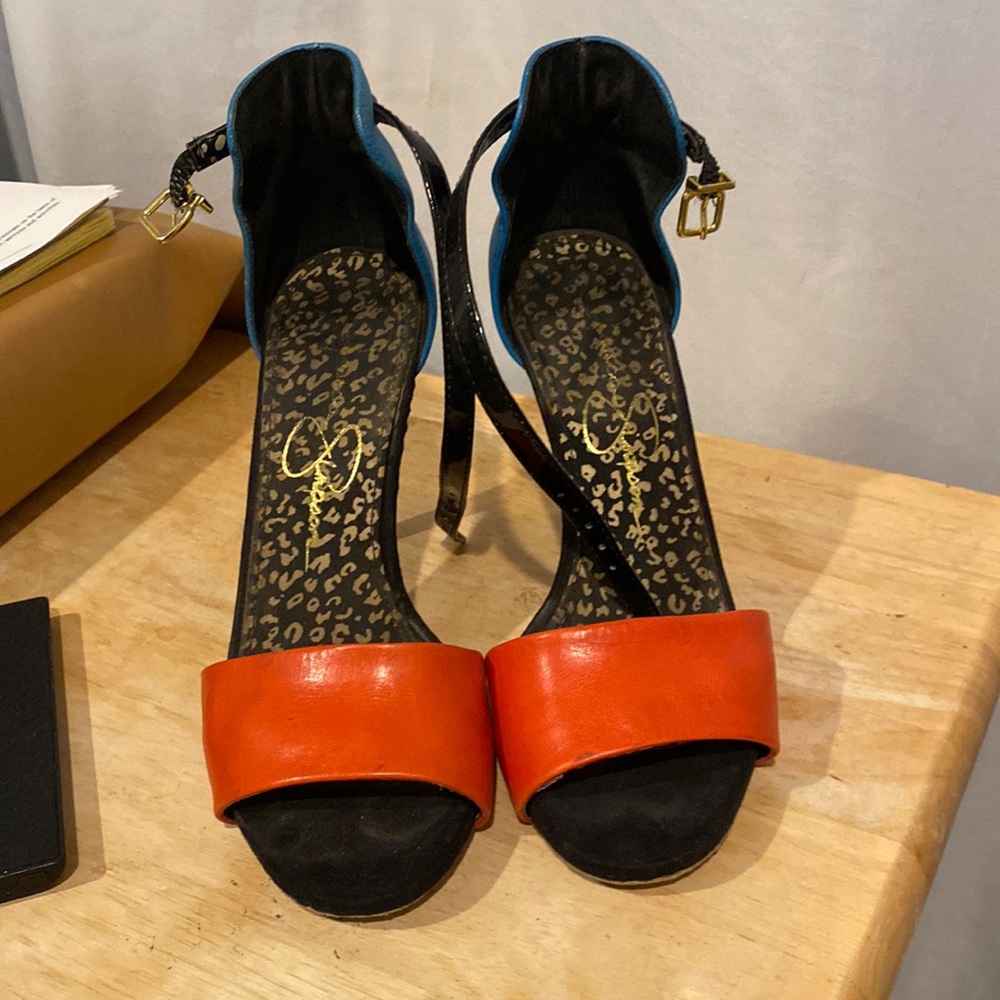 Jessica Simpson high heels sandals with ankle strap red and blue color vintage